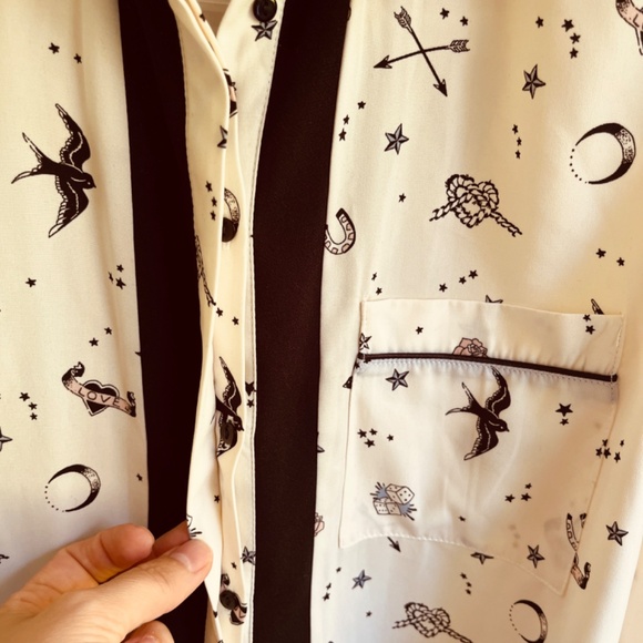River Island Love Hearts Bierds Print Blouse 18( L ) Contrast Trim Long Sleeves - Picture 7 of 16